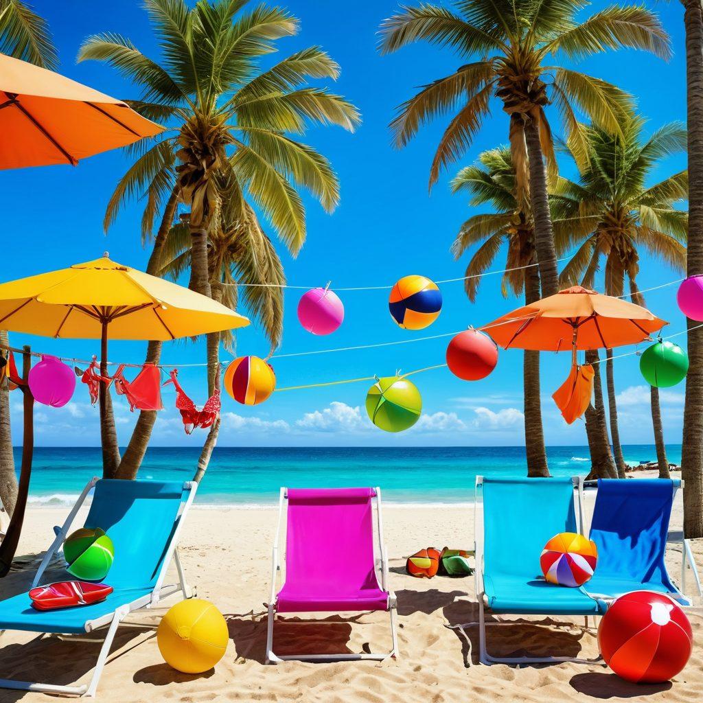 A vibrant beach scene showcasing various bikini outfits hanging on a clothesline near the poolside, with sunbathers relaxing in brightly colored beach chairs and palm trees swaying in the background. Include playful beach accessories like sunglasses and beach balls scattered around. The atmosphere should be lively and sunny, inviting beach lovers to explore. super-realistic. vibrant colors. sunny background.