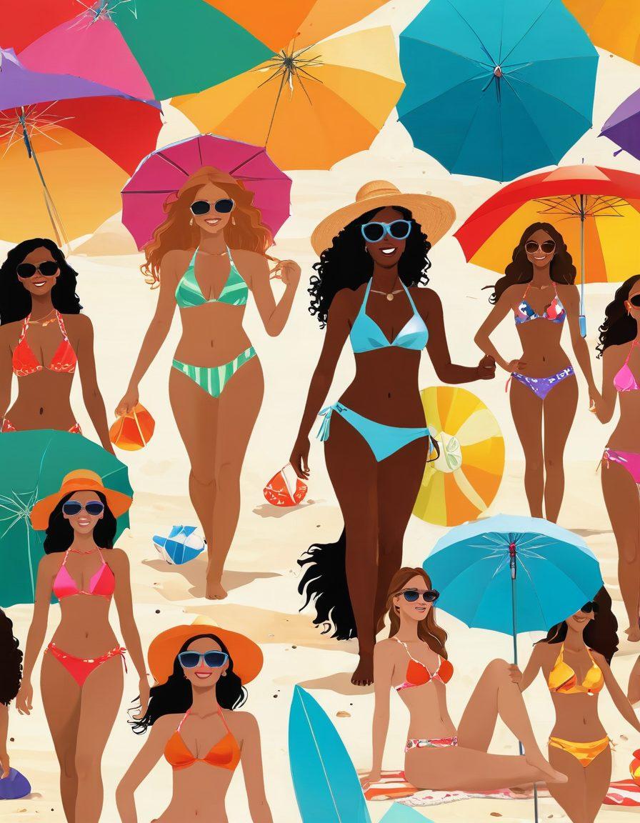 A sun-soaked beach scene featuring diverse models showcasing the latest bikini styles and trends, with colorful beach umbrellas and a sparkling ocean in the background. Include accessories like sunglasses, beach hats, and surfboards to enhance the summer vibe. Capture vibrant colors, laughter, and joy as they enjoy a day at the beach. vector art. bright colors. dynamic composition.